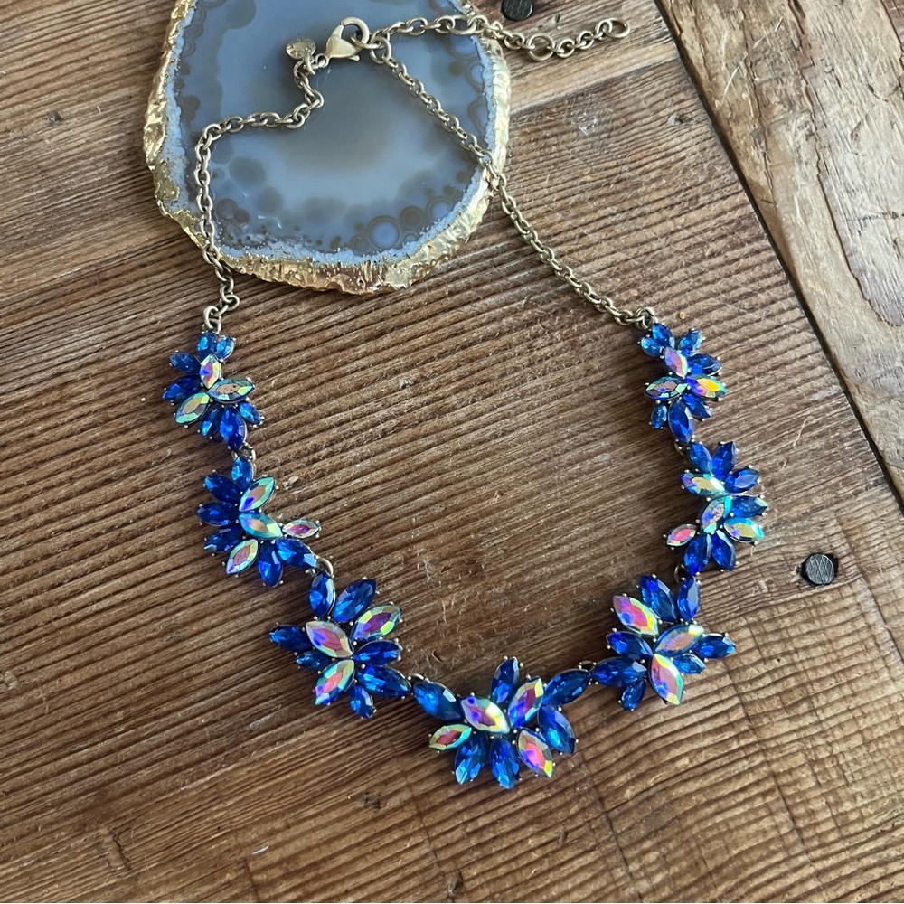 J. Crew Blue and Aurora Crystal Floral Necklace - Gold Tone